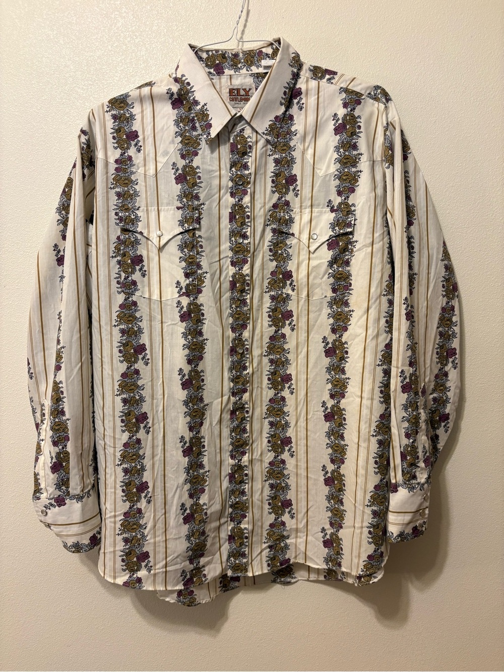 Ely Cattleman Cream Button-Down Shirt with Purple & Gold Floral Stripes